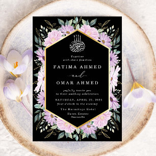 Elegant Lila Blommigt Guld Löv Muslimska Bröllop Inbjudningar
