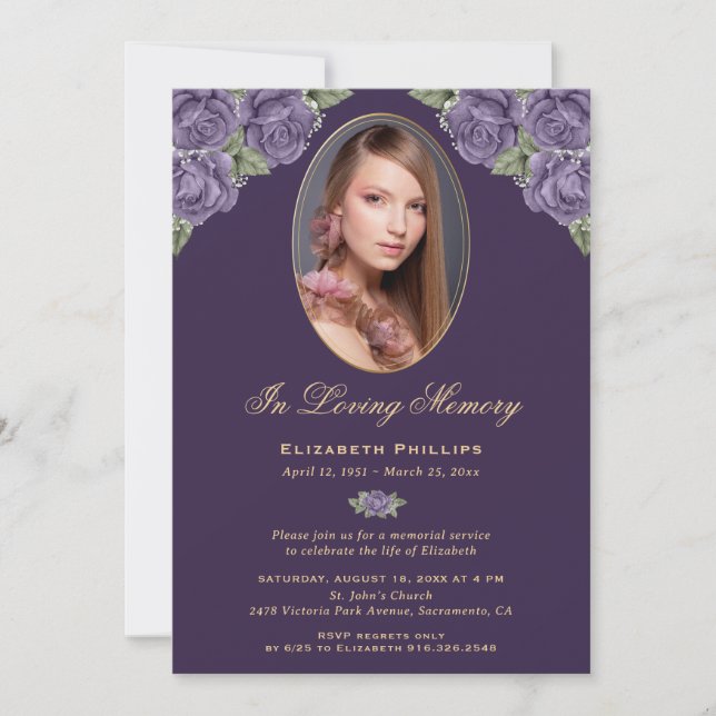Elegant Lila Blommigt Guld Photo Memorial Service Inbjudningar (Framsida)