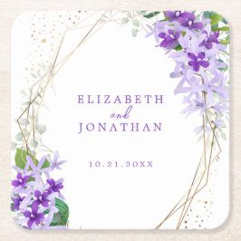 Elegant Lila Blommigt Guld Ram Bröllop Underlägg Papper Kvadrat