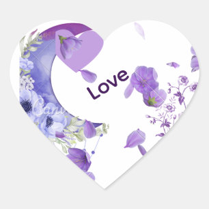Elegant Lila Blommigt Heart "Kärlek" Bröllop Stick Hjärtformat Klistermärke