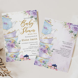 Elegant Lila Blommigt High Tea Party Baby Shower Inbjudningar
