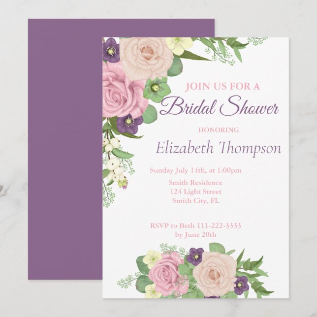 Elegant Lila Blommigt Inbjudningskort för möhippan (Fram/baksida)