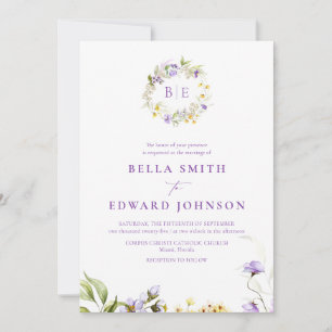 Elegant Lila Blommigt Monogram Botanical Bröllop Inbjudningar