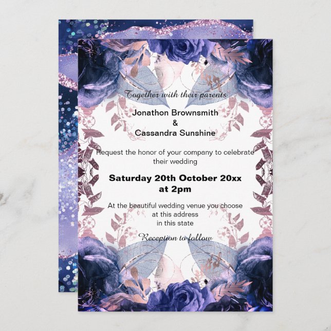 ELEGANT LILA BLOMMIGT NAVY BRÖLLOP INBJUDNINGAR (Fram/baksida)