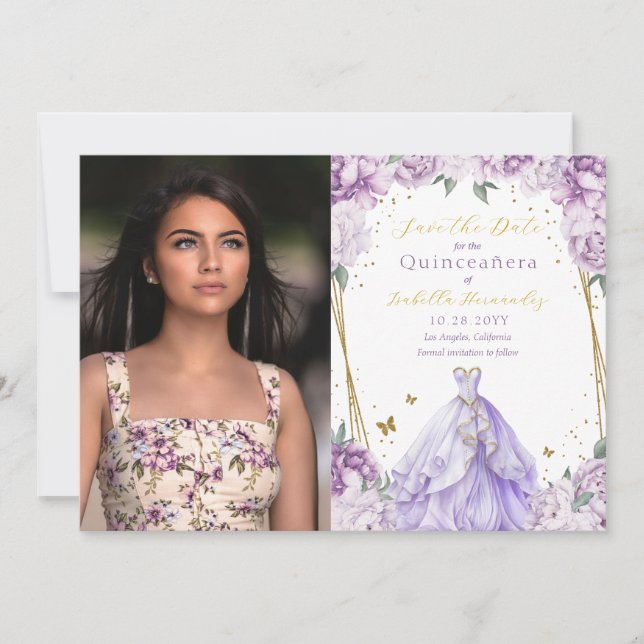 Elegant Lila Blommigt Photo Quinceañera Spara Datumet (Framsida)
