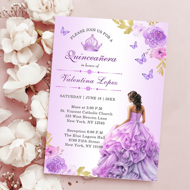 Elegant  Lila Blommigt Quinceañera-inbjudan Inbjudningar (Skapare uppladdad)
