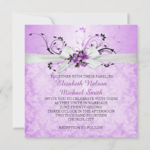 Elegant Lila Blommigt Ribbon Damask Wedding Inbjud Inbjudningar