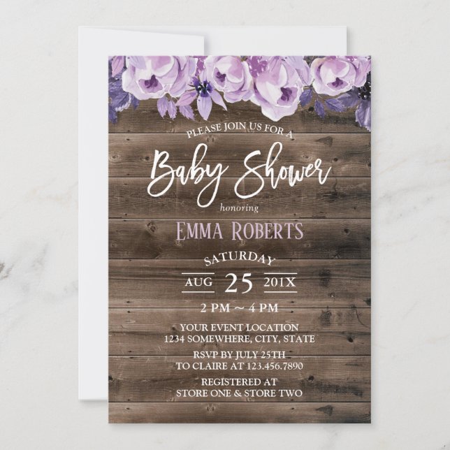 Elegant Lila Blommigt Rustic Barn Baby Shower Inbjudningar (Framsida)