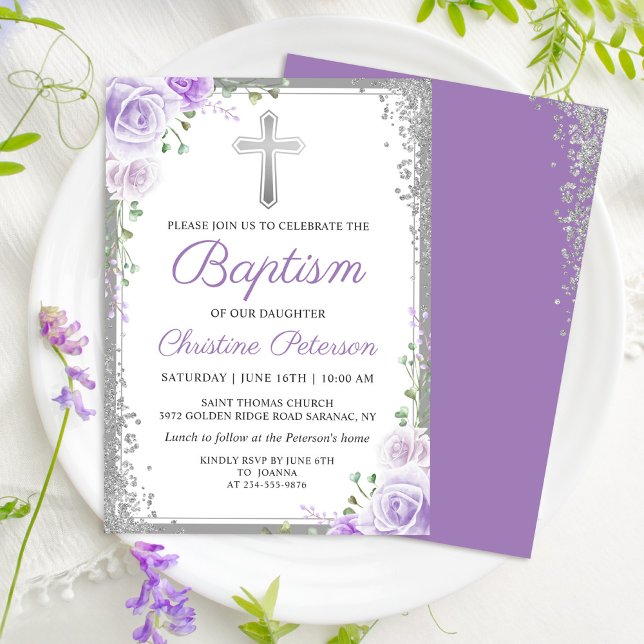 Elegant Lila Blommigt Silver Glitter Flickor Bapti Inbjudningar (Skapare uppladdad)