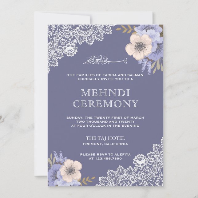 Elegant Lila Blommigt Snöre Islamic Muslim Mehndi Inbjudningar (Framsida)