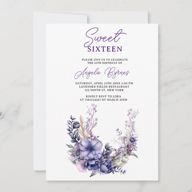 Elegant Lila Blommigt Sweet sixteen födelsedag Inbjudningar (Framsida)