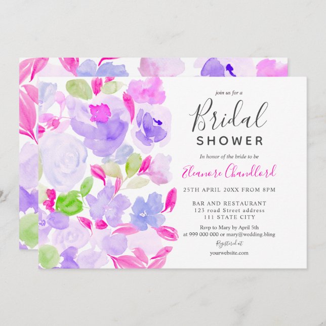Elegant lila blommigt vattenfärgsmöhippa inbjudningar (Fram/baksida)