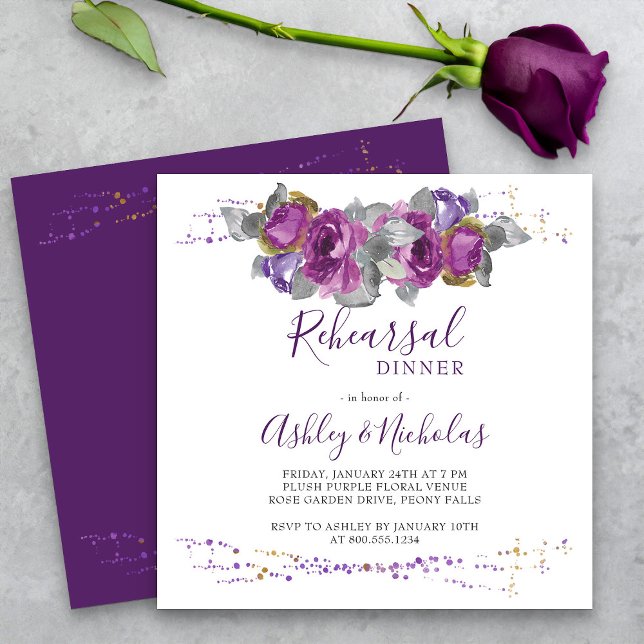 Elegant Lila Blommigt Vattenfärgsrepetitionsmiddag Inbjudningar (Purple Floral Rehearsal Dinner invitation from my Plush Purple Wedding Collection)