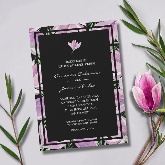 Elegant Lila Blommigt vid Svarta Bröllop Inbjudningar (Elegant purple and white magnolias square wedding invitations - INSTANT DOWNLOAD and/or PRINTED)