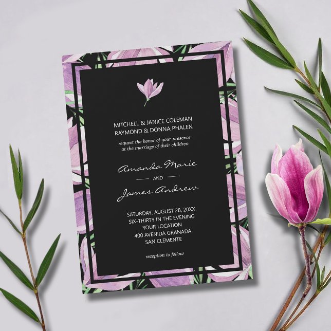 Elegant Lila Blommigt vid Svarta Bröllop Inbjudningar (Elegant purple and white magnolia border wedding invitations - INSTANT DOWNLOAD and/or PRINTED)