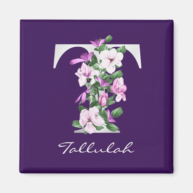 Elegant Lila Blommigt Vit metall T Monogram Magnet (Framsidan)
