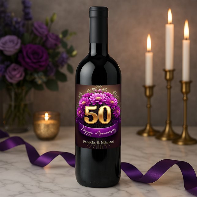 Elegant Lila blommor 50-årsdagen Bröllop Vinflaska Etikett (Skapare uppladdad)
