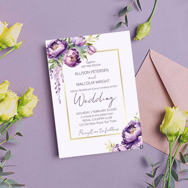 Elegant lila blommor alla i en bröllop-mall inbjudningar (Elegant purple watercolor peonies wisteria wedding editable template invitation digital download)