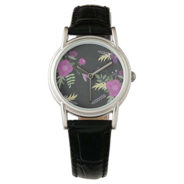 Elegant Lila blommor Art on Black Armbandsur (Framsida)