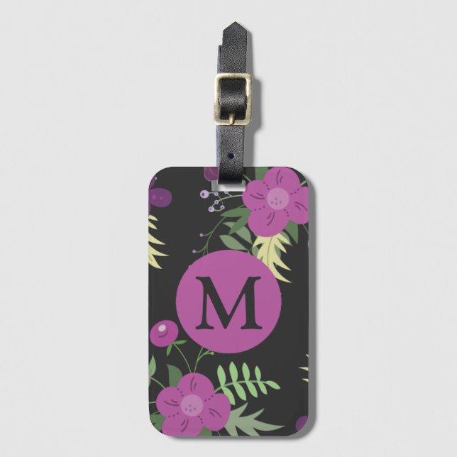 Elegant Lila blommor Art på Black Monogram Bagagebricka (Framsida vertikal)