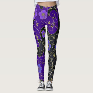 Elegant Lila blommor med Guld Löv och wirls Leggings