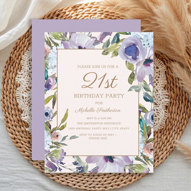 Elegant lila blomster grönska 21-årsdag inbjudningar (Elegant purple watercolor floral 21st birthday party invitation)