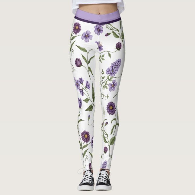 Elegant lila blomsterbotanisk med hög midja leggings (Framsida)