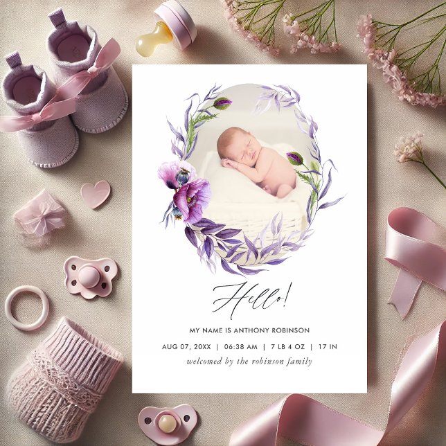 Elegant lila blomsterfoto baby meddelande (Elegant Purple Floral Photo Baby Announcement)