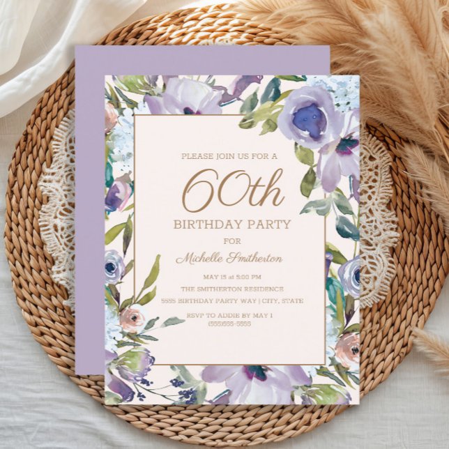 Elegant lila blomstergrönska 60-årsdag inbjudningar (Elegant purple watercolor floral 60th birthday party invitation)