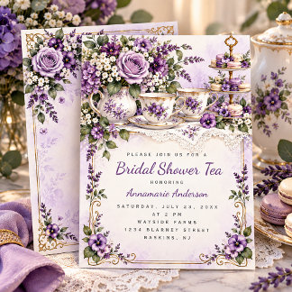 Elegant lila blomsterlig tehushållning Bröllopsdus Inbjudningar