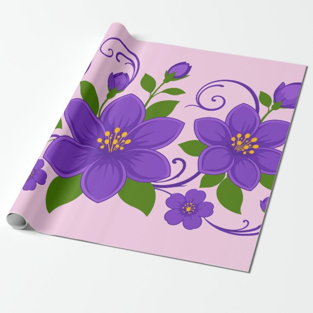 Elegant lila blomsterornamentmönster presentpapper (Utrullad)