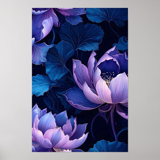 Elegant Lila Blue Lotus Mönster Poster (Framsidan)