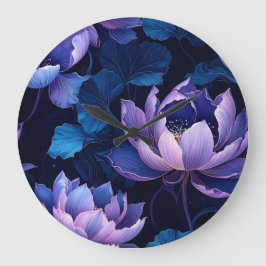 Elegant Lila Blue Lotus Mörk Wall Clock Stor Klocka