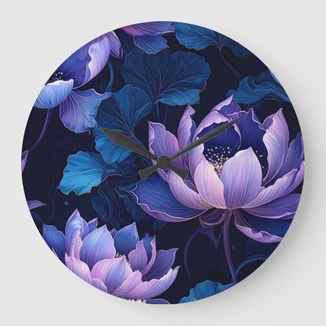 Elegant Lila Blue Lotus Mörk Wall Clock Stor Klocka (Framsida)