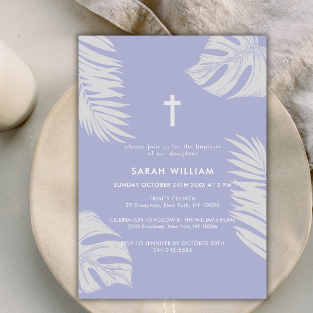 Elegant Lila Boho Löv Kor Baptism Inbjudningar (Elegant Purple Boho Leave Gold Cross Baptism Invitation)