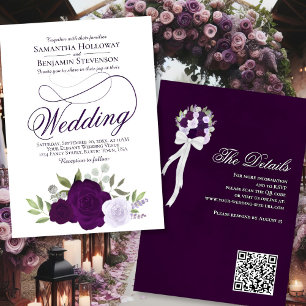 Elegant Lila Boho Ro Blommigt QR Code Bröllop Inbjudningar