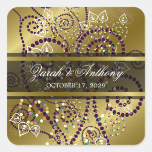 Elegant Lila Boho Spiral Guld bröllop Stickers Fyrkantigt Klistermärke