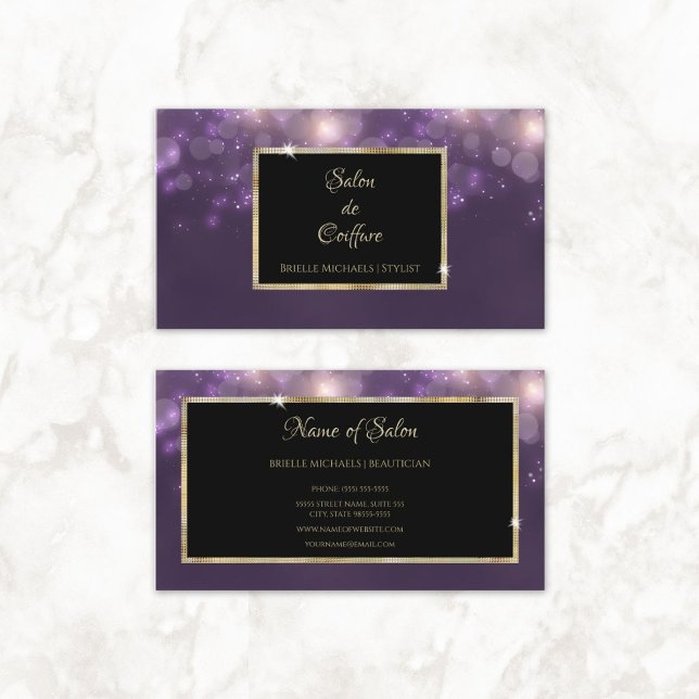 Elegant Lila Bokeh Salon Black och Guld Ram Visitkort (Elegant Purple Bokeh Salon Black and Gold Frame Business Cards)