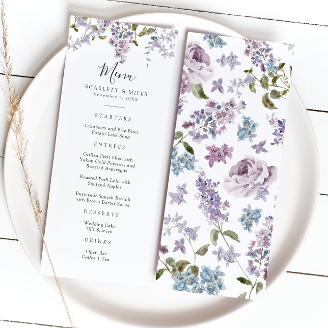 Elegant Lila Bröllop Meny (Elegant Watercolor Lilac Floral Wedding Menu by Painted Paperie
)