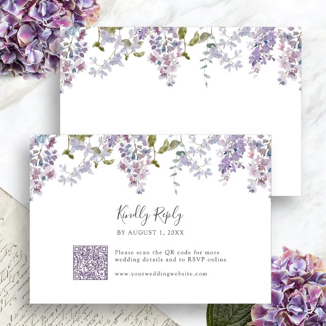 Elegant Lila Bröllop OSA Kort (Elegant Lilac Floral Wedding RSVP Card with QR Code by Painted Paperie
)