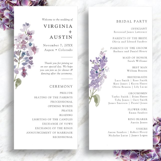 Elegant Lila Bröllop Program (Elegant Watercolor Lilac Wedding Program by Painted Paperie
)