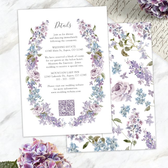 Elegant Lila Bröllop Tilläggskort (Elegant Lilac Floral Wedding Details Enclosure Card with QR Code by Painted Paperie
)