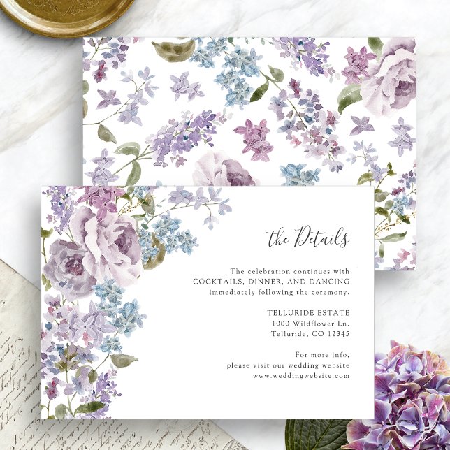 Elegant Lila Bröllop Tilläggskort (Elegant Lilac Floral Wedding Details Enclosure Card by Painted Paperie
)