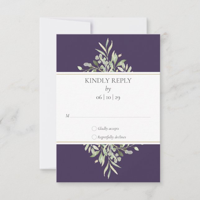 Elegant lila bröllops-RSVP-kort med grönska OSA Kort (Framsida)