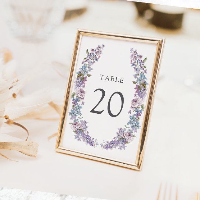 Elegant lila bröllopsbord nummer (Elegant Watercolor Lilac Floral  Wedding Table Number by Painted Paperie
)