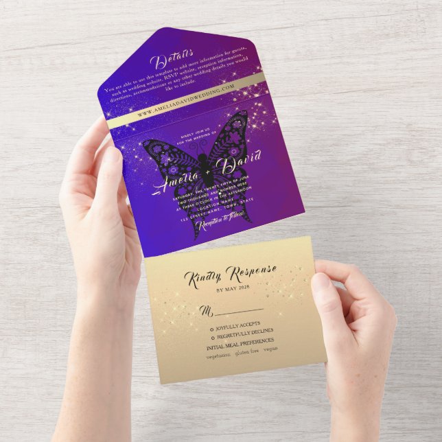 Elegant Lila Bröllopsinbjudan Allt-i-ett (Tearaway)