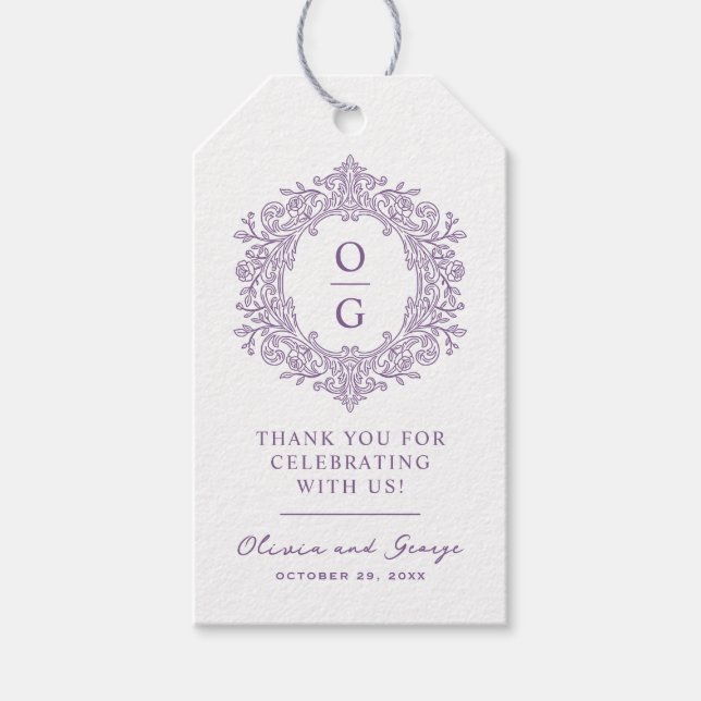 Elegant Lila Bröllopsmonogram från Släktens Samlin Presentetikett (Framsidan)