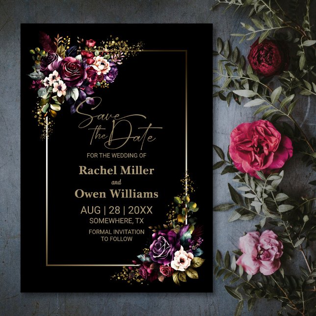 Elegant Lila Burgundy Black Blommigt Bröllop Spara Datumet (Skapare uppladdad)