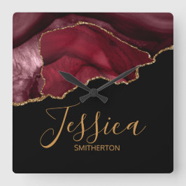 Elegant Lila Burgundy Guld Marble Agate Namn  Fyrkantig Klocka