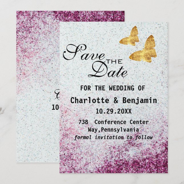 Elegant Lila Butterfly Glitter & Guld Spara Datumet (Fram/baksida)